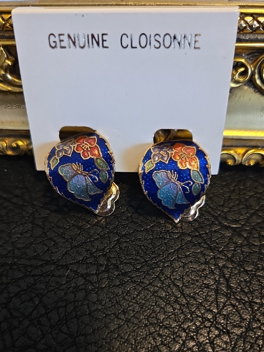 Genuine Cloisonne Blue Leaf With Butterfly Leaf Earrings